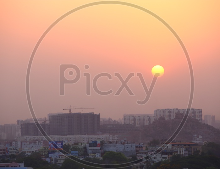 Hyderabad Skyscrapers with sunset in background
