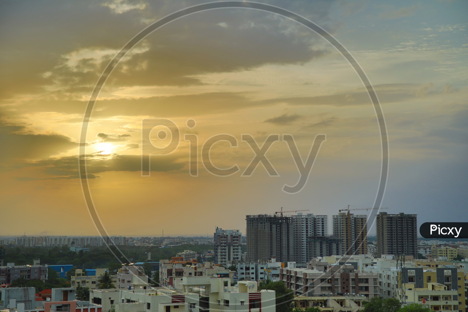 City Scape With high rise Buildings  With Sunset Sky In Background