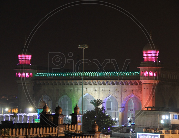 Mecca Masjid Light up In Colourful  Lights