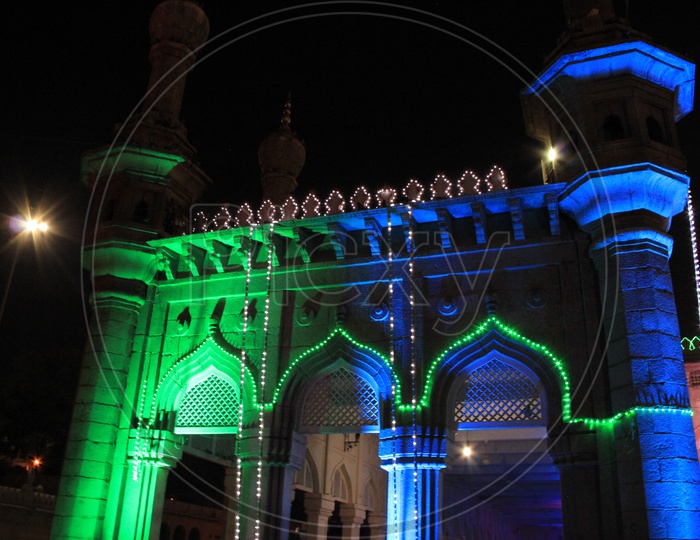 Mecca Masjid Light up With Colourful Lights In Night