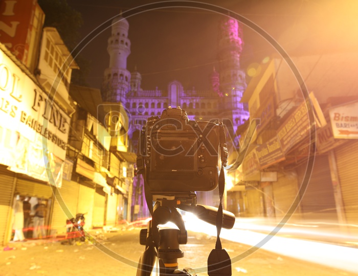 DSLR Camera To a Tripod On the Roads Of Charminar
