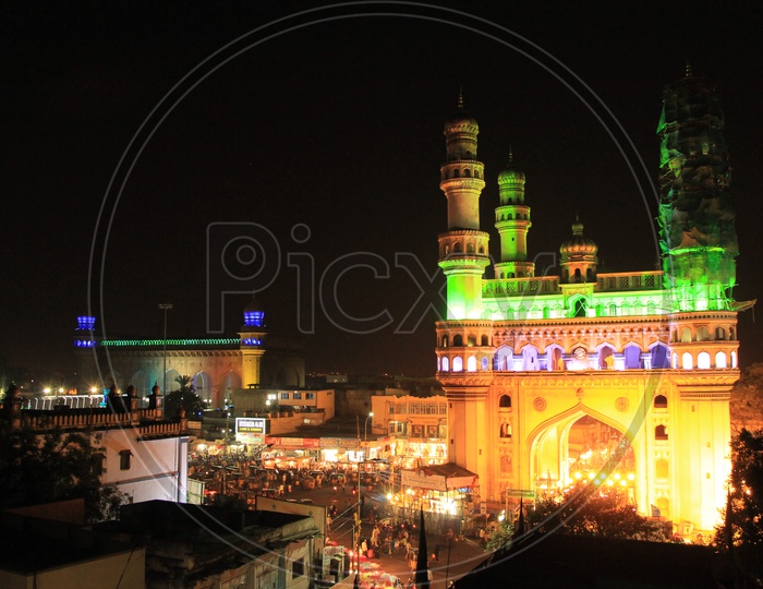 Charminar Lightup With Colourful Lights in  Night