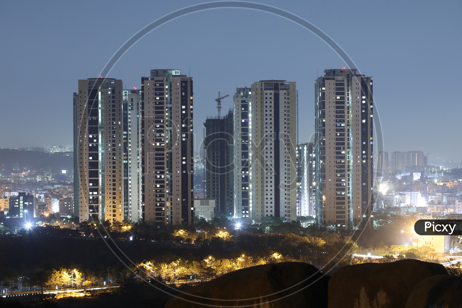 Hyderabad City Scape View With High Rise Apartment Buildings  in Night Time From Rock hill