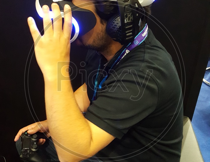 A Gamer using PlayStation Virtual Reality  PSVR Headset