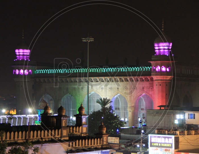 Mecca Masjid Light up In Colourful  Lights