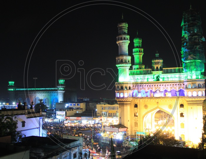 Charminar Light Up With Colour Lights  on Night Time