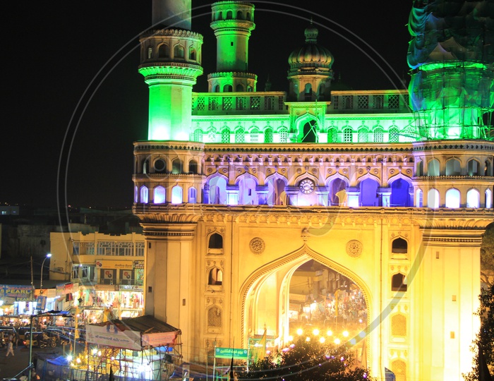 Charminar Light Up With Colour Lights  on Night Time