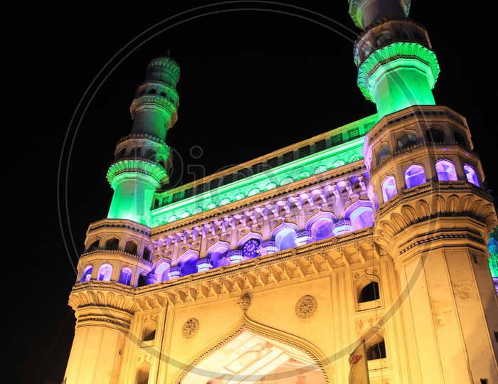 Image of Charminar Lightup With Colourful Lights in Night-MP447332-Picxy