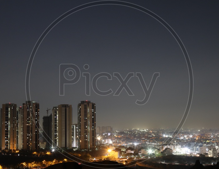 Hyderabad City Scape View With High Rise Apartment Buildings  in Night Time From Rock hill
