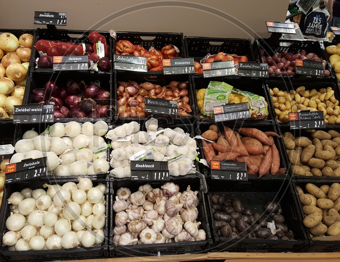 Potatoes and Onions in a German Store