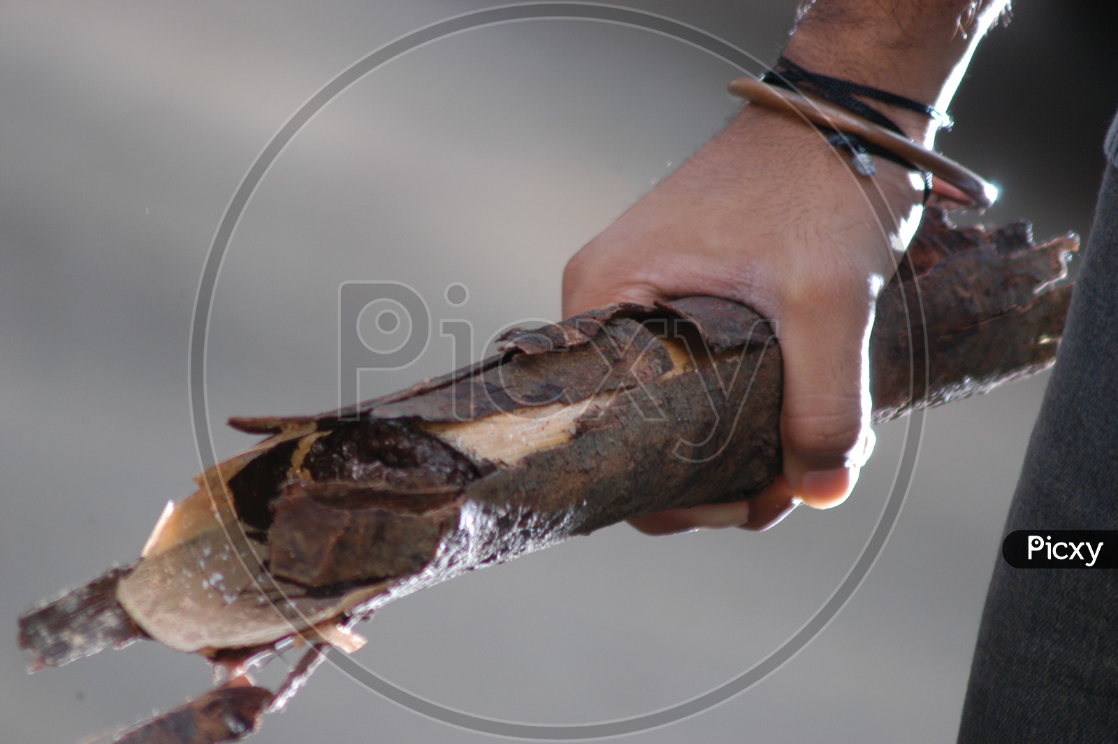 Man Holding Wooden Stick In Hand Closeup