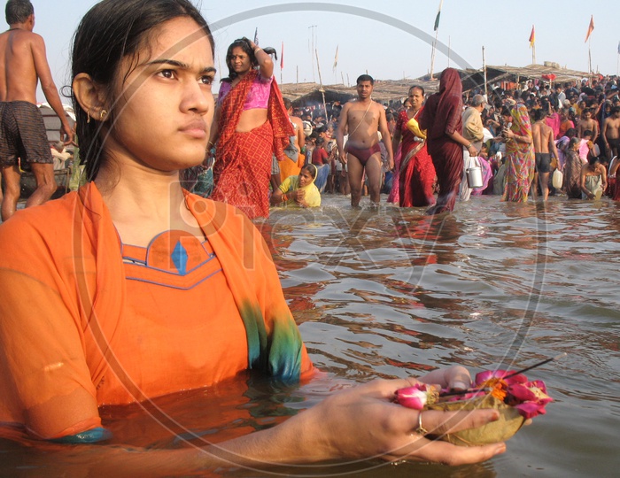 Ganga Puja or worship by a girl