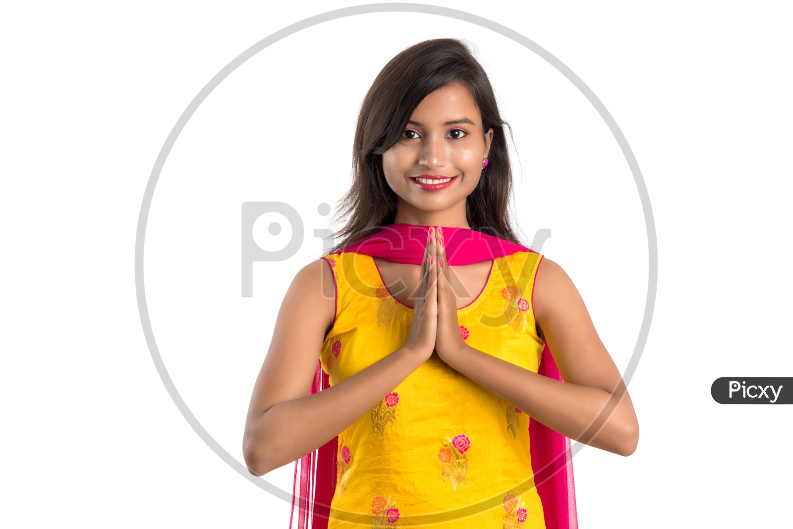 Young Indian Woman or Girl With Smiling Face And Namaste Welcoming  Gestures On an Isolated White Background