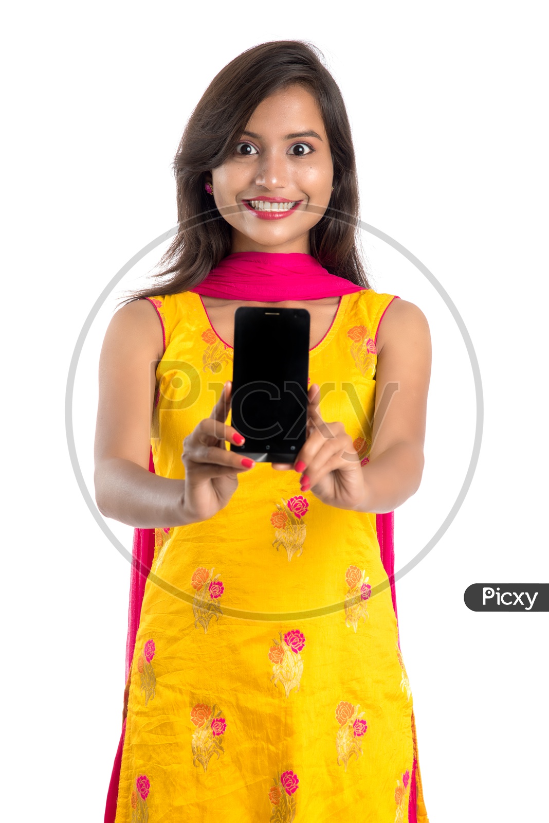 Young Indian Girl or Woman Showing   Smartphone  or Mobile Empty Screen With an Expression On an Isolated White Background