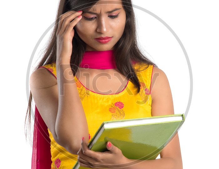 Stressed Indian Girl Student with Books on an Isolated White Background