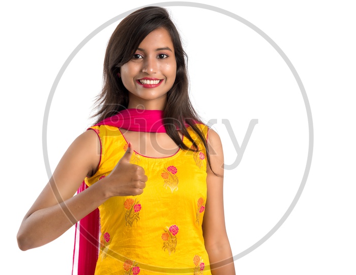 Young Indian Woman or Girl With Smiling Face And Gestures On an Isolated White Background