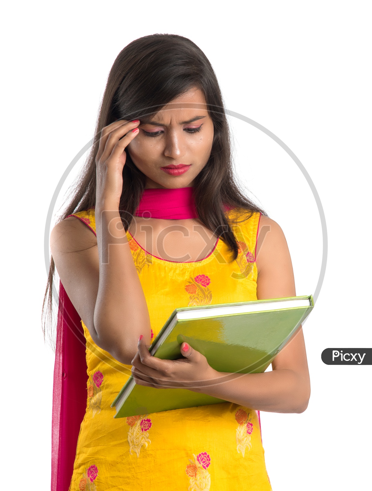 Stressed Indian Girl Student with Books on an Isolated White Background