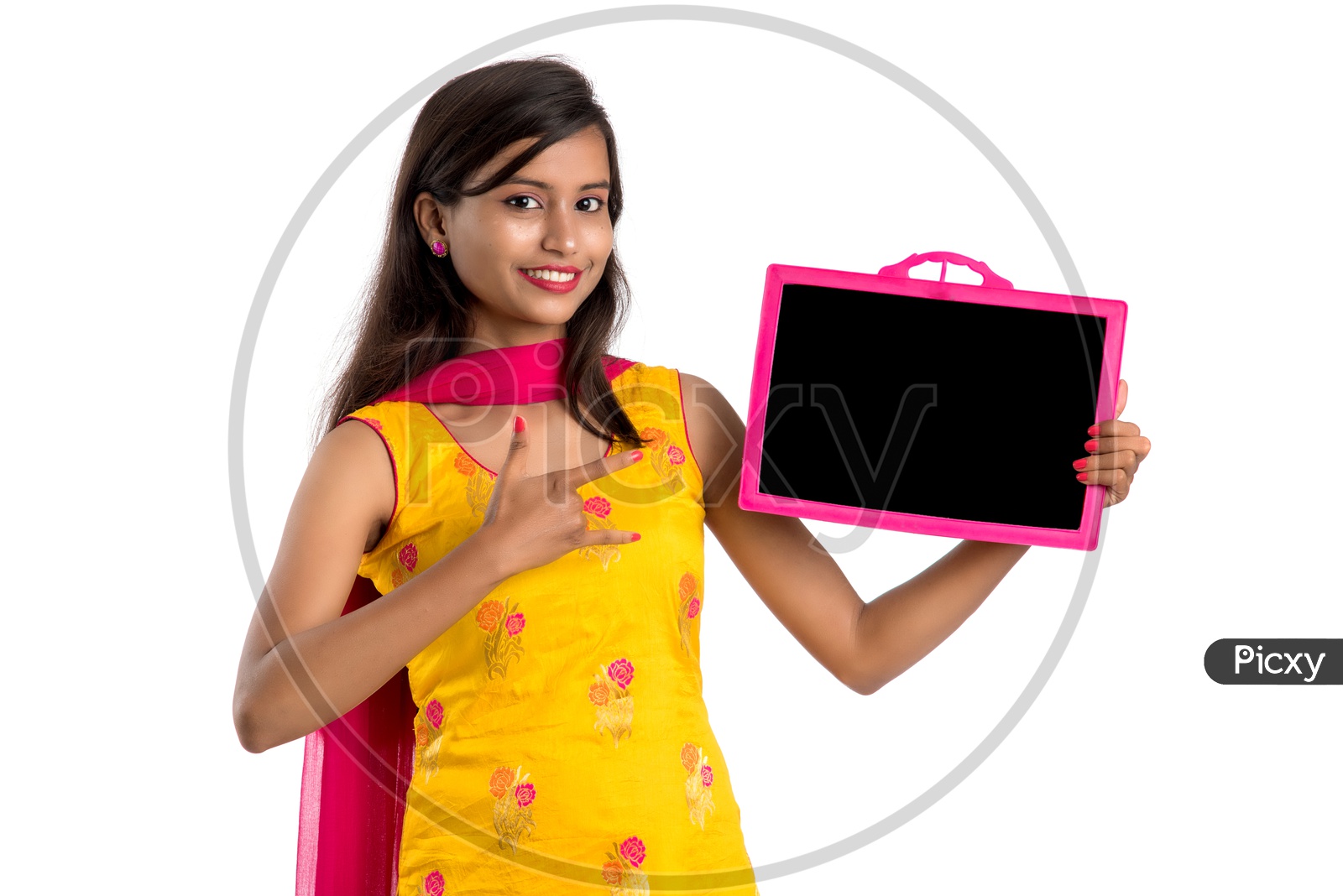 Young Indian Woman or Girl Holding and  Showing an Slate With empty Space With an Expression On an Isolated White Background