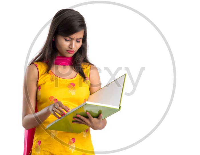 Stressed or Confused  Indian Girl Student with Books on an Isolated White Background