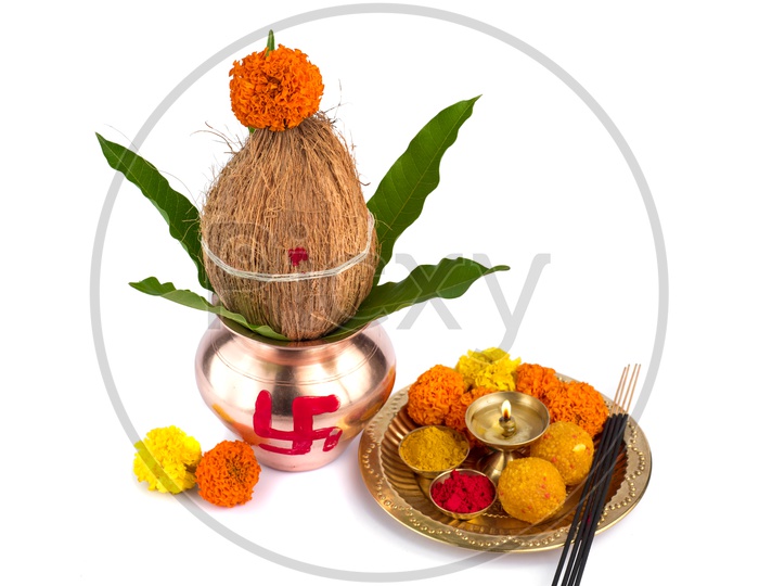Hindu Pooja Or Puja Kalsh With Pooja Thali with Sweets And Diya , Essentials For Hindu Pooja For Festivals