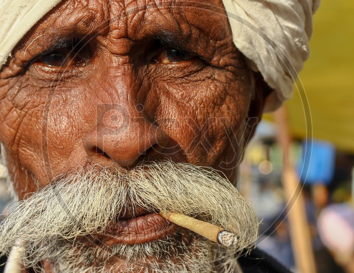 Portrait Of an Indian Old Man Smoking Beedi