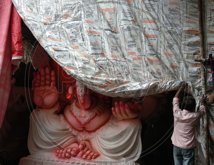 Prepartion of Ganesh Idol for Ganesh Chathurthi. Sale open for Vinaya Chaturthi