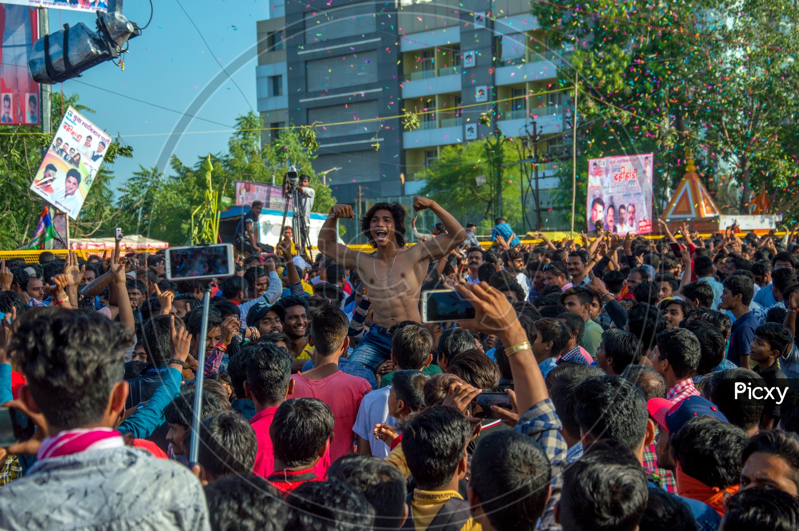 Image of Crowd Of Young Indian People Enjoying And Dancing Govinda At ...