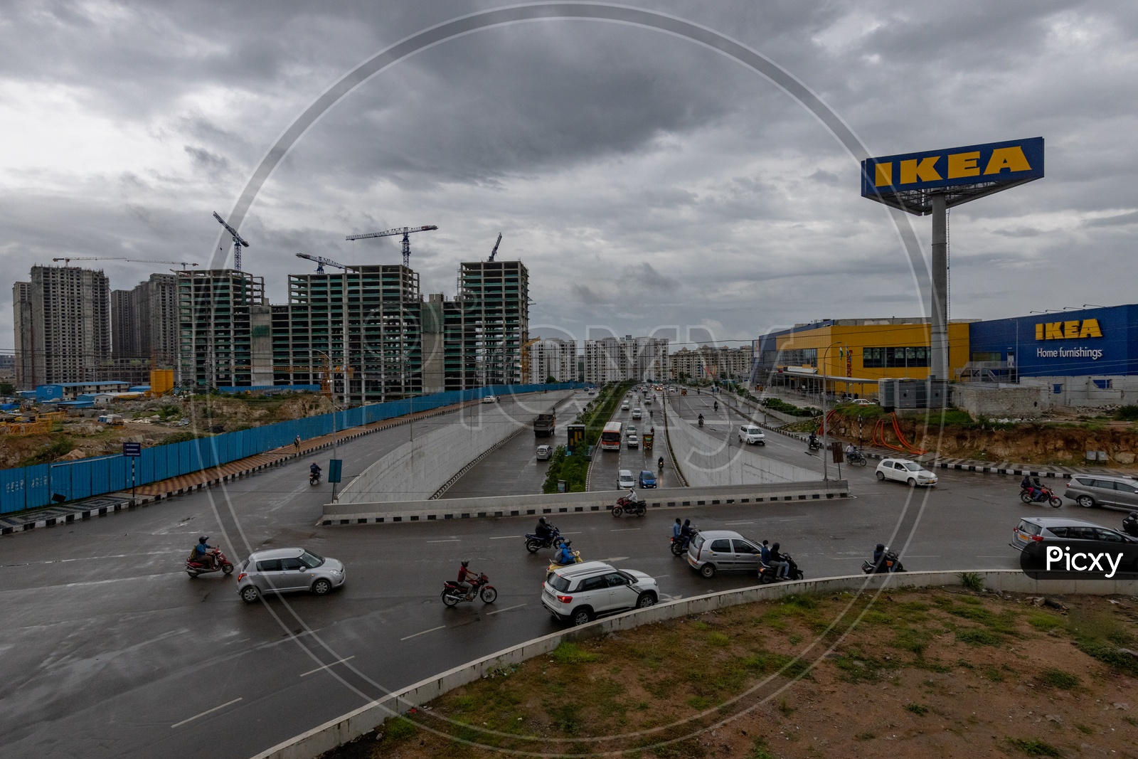 Commuting Vehicles on Flyover Above The Mindspace Madhapur Center  With A View Of IKEA