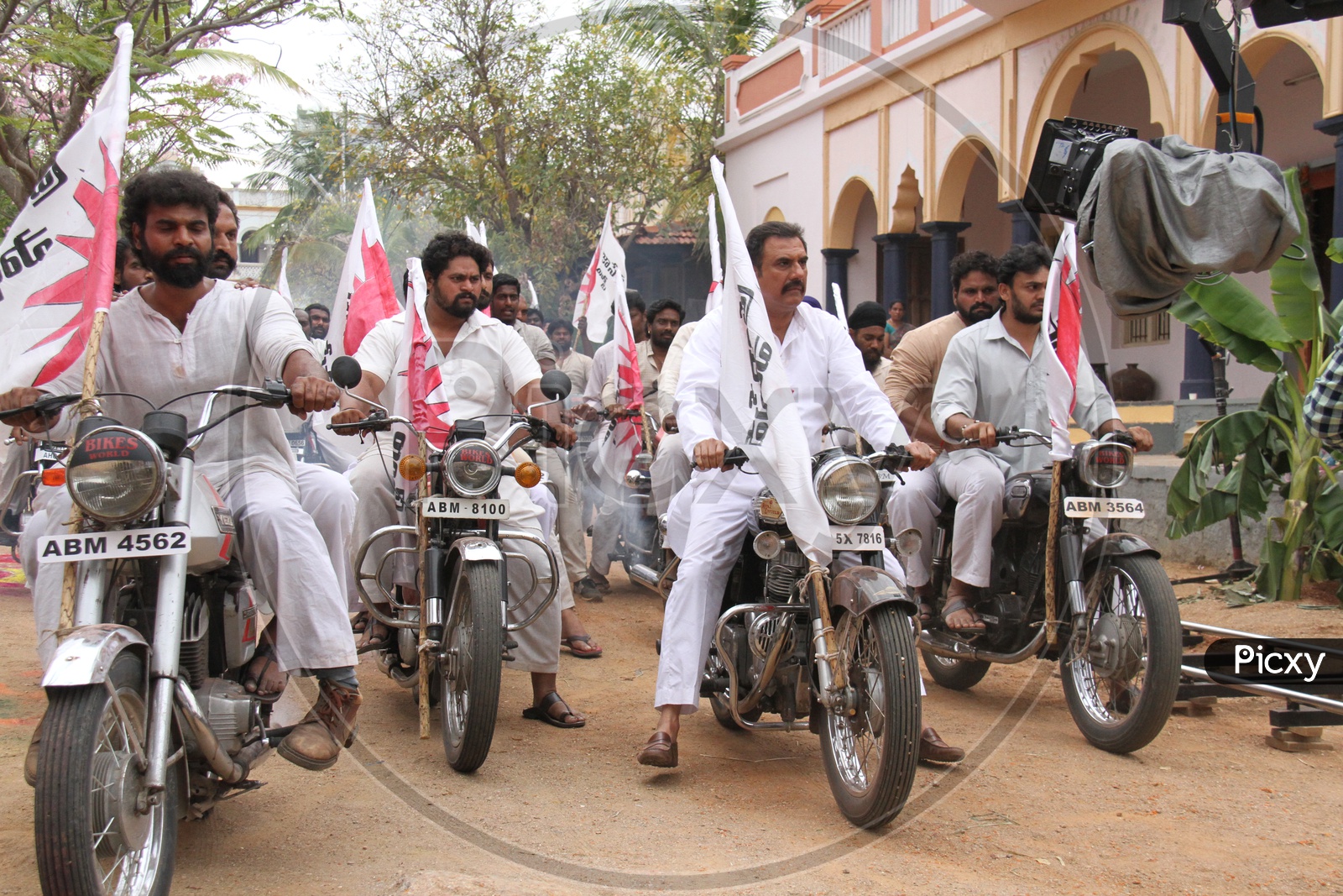 Bike Rally Protest With Party Flags For a Movie Shooting