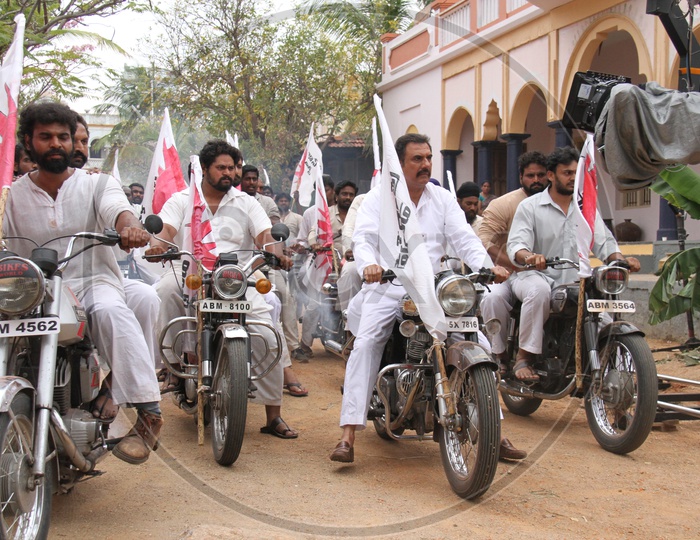 Bike Rally Protest With Party Flags For a Movie Shooting