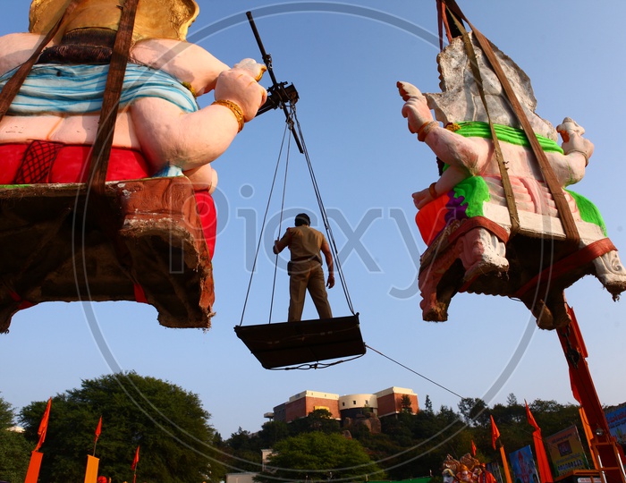 Ganesh Immersion With Heavy Cranes
