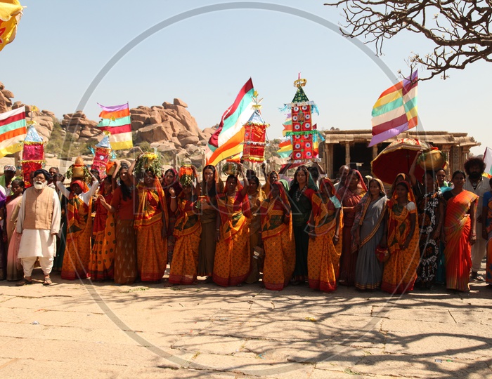 Villagers Celebrating Local Festivals By Holding Flags