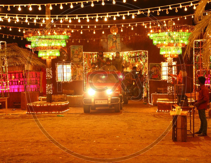 Dhaba Or Village Food Court Decorated With Led Lights