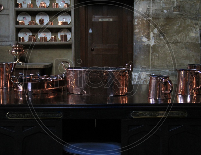 Copper Utensils in The Old Kitchen at Burghley House