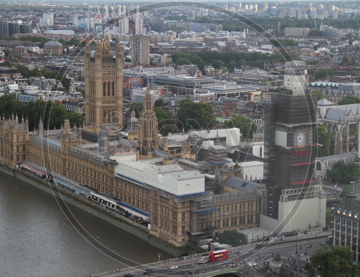 Palace of Westminster with Big Ben Clock Tower under Construction