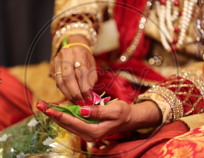 Indian bride holding betel leaf