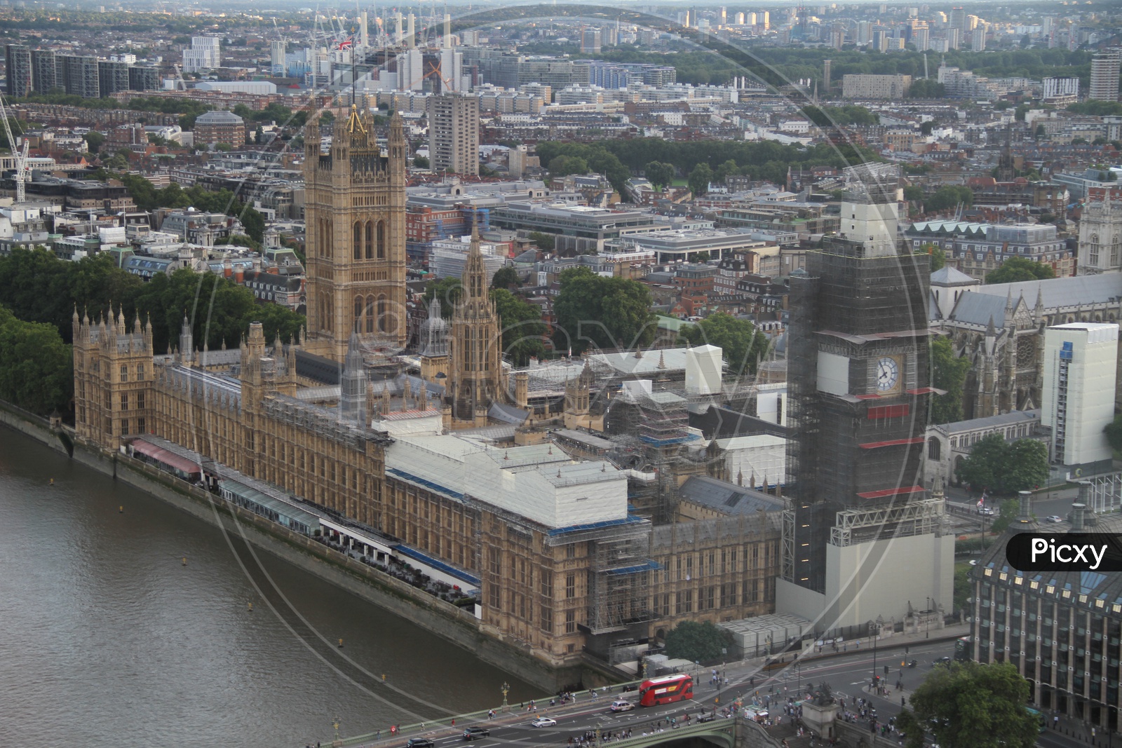 Palace of Westminster with Big Ben Clock Tower under Construction