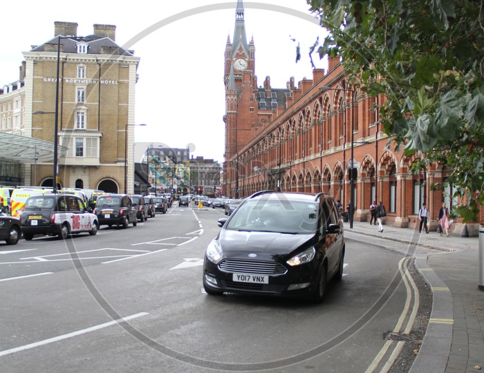 St Pancras Station Road with Vehicles on Road