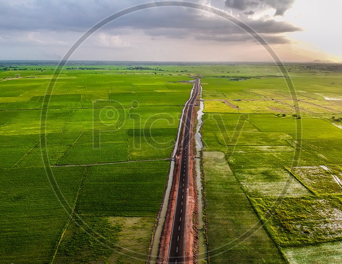 Drone shot of a road next to paddy fields 