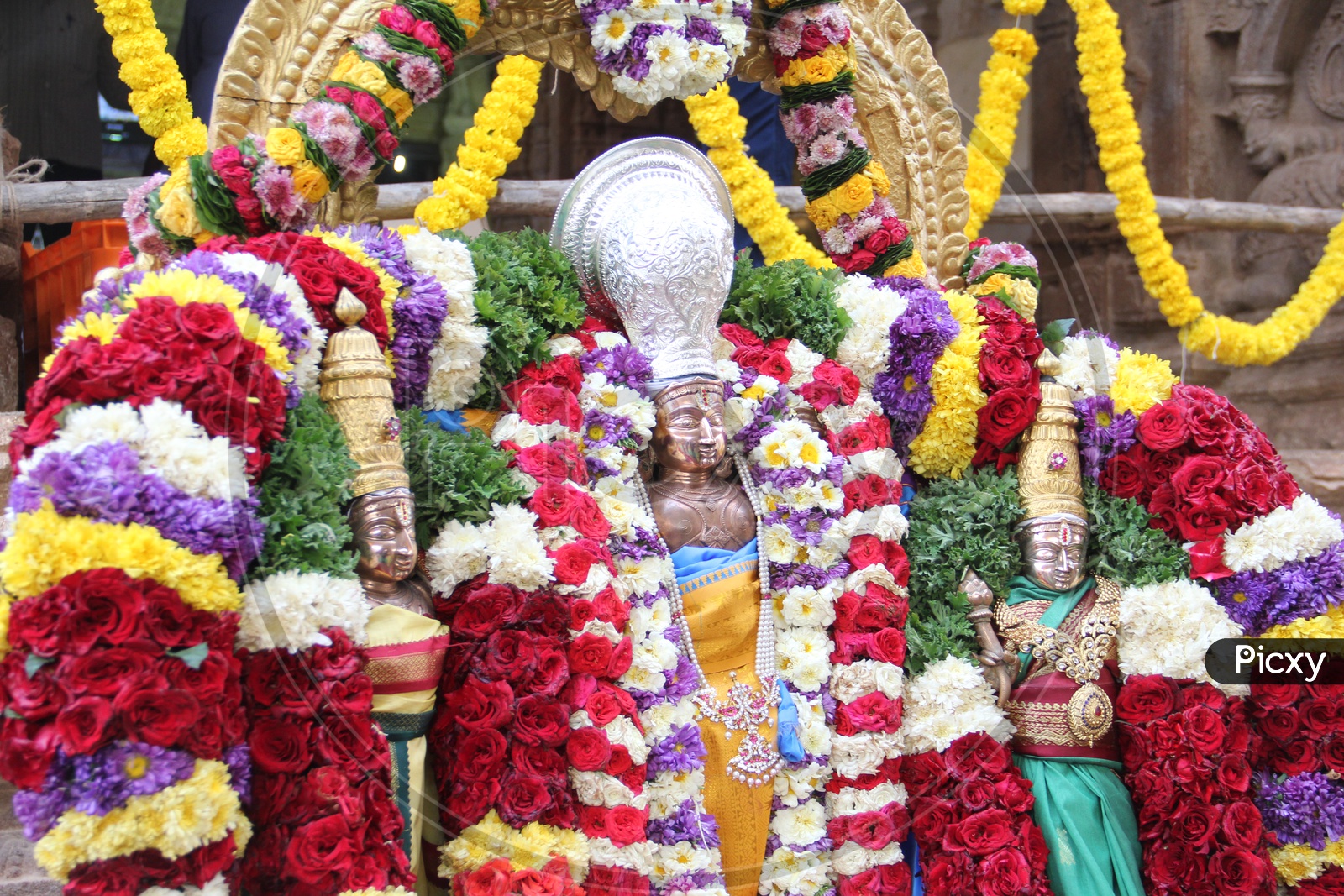 Indian Hindu Goddess decorated with flowers and garlands