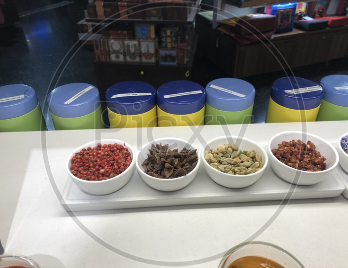 Indian Spices In Bowls For Display  At a Store