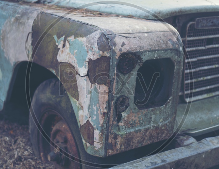 Old Vintage Car Wreckage in Woods