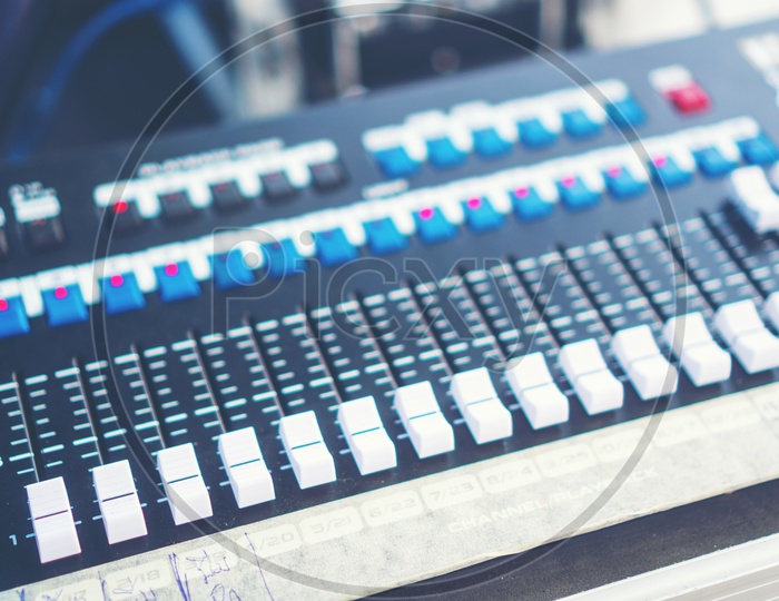 Close up of sound music mixer control panel