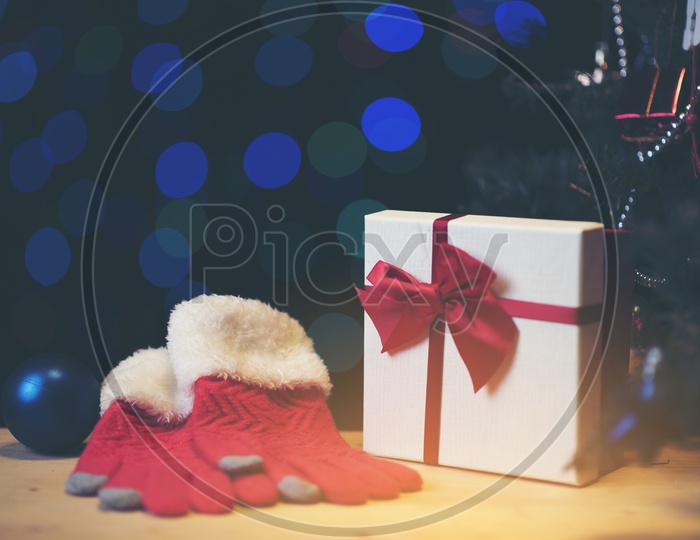 Christmas Template With Led Light Bokeh And Decorated Christmas  Tree  and Gifts