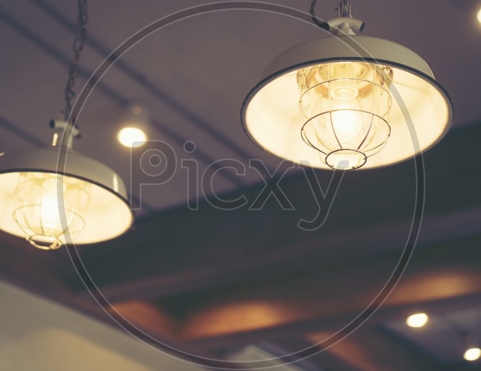 Cafe Interior With Vintage Lights