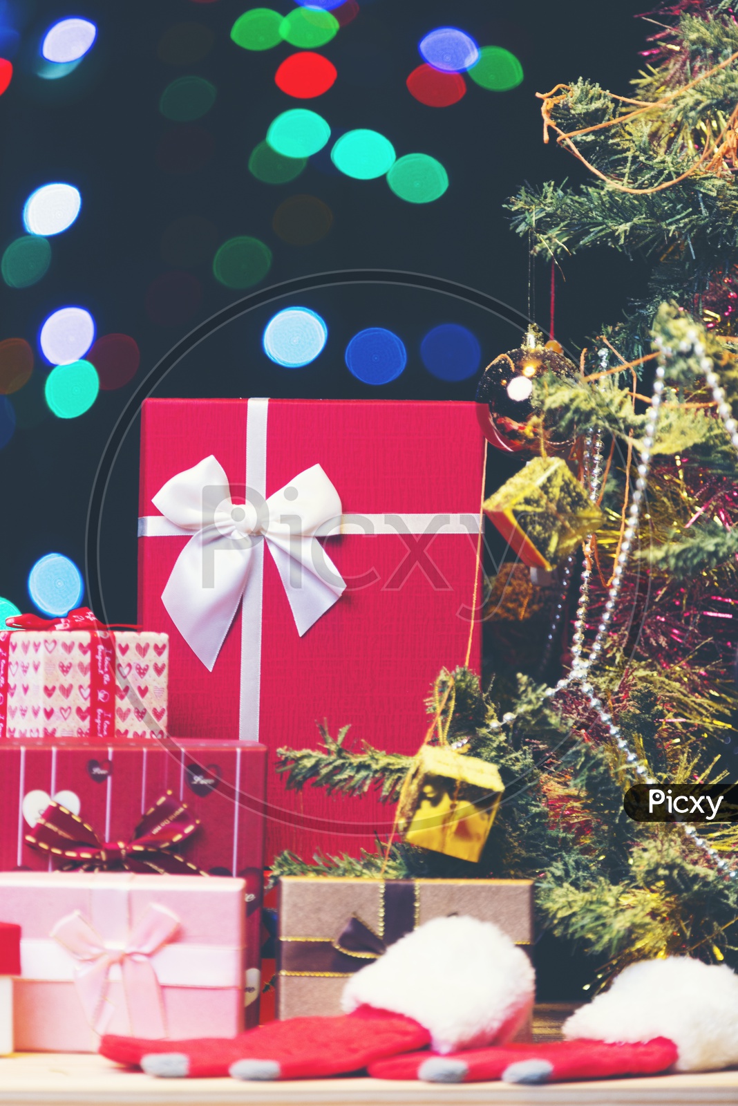 Decorated Christmas  Tree And Gift With Led Bokeh Background , templates For Christmas Festival