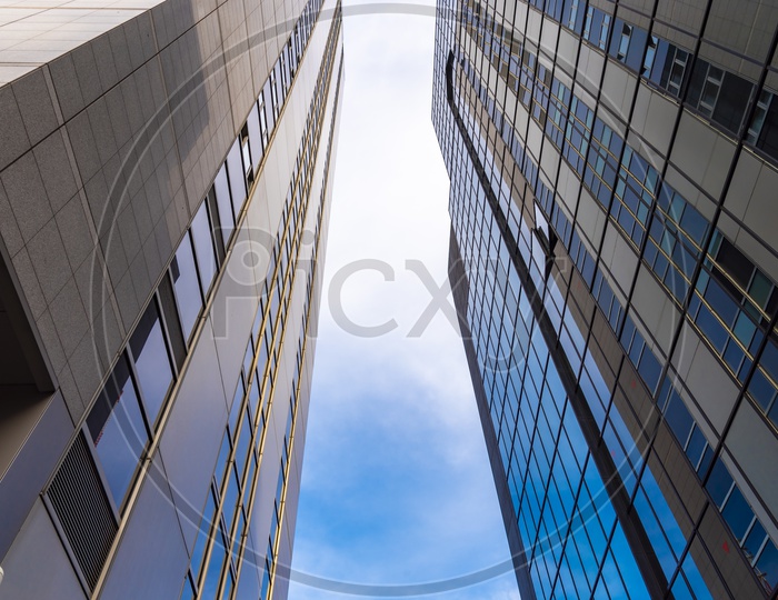 Modern buildings Facade POV  with blue sky