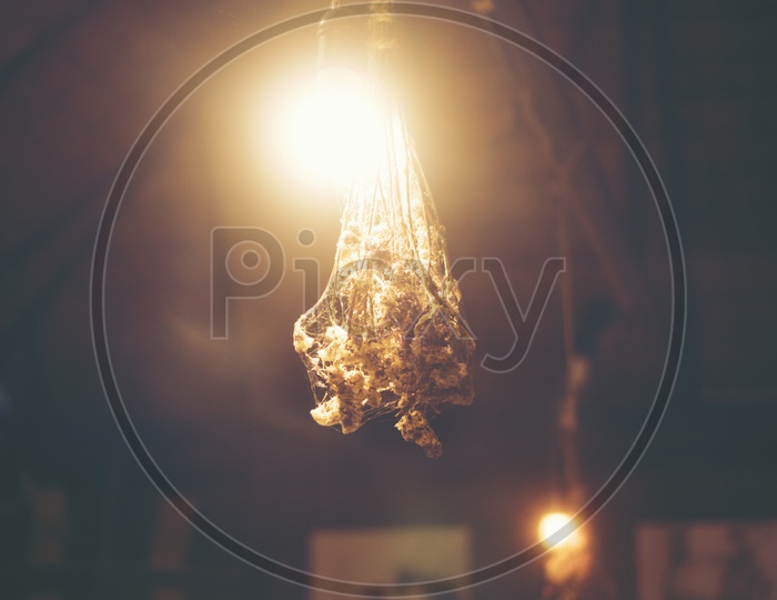 Decorative antique Edison style light bulbs with dry grass flowers in cafe