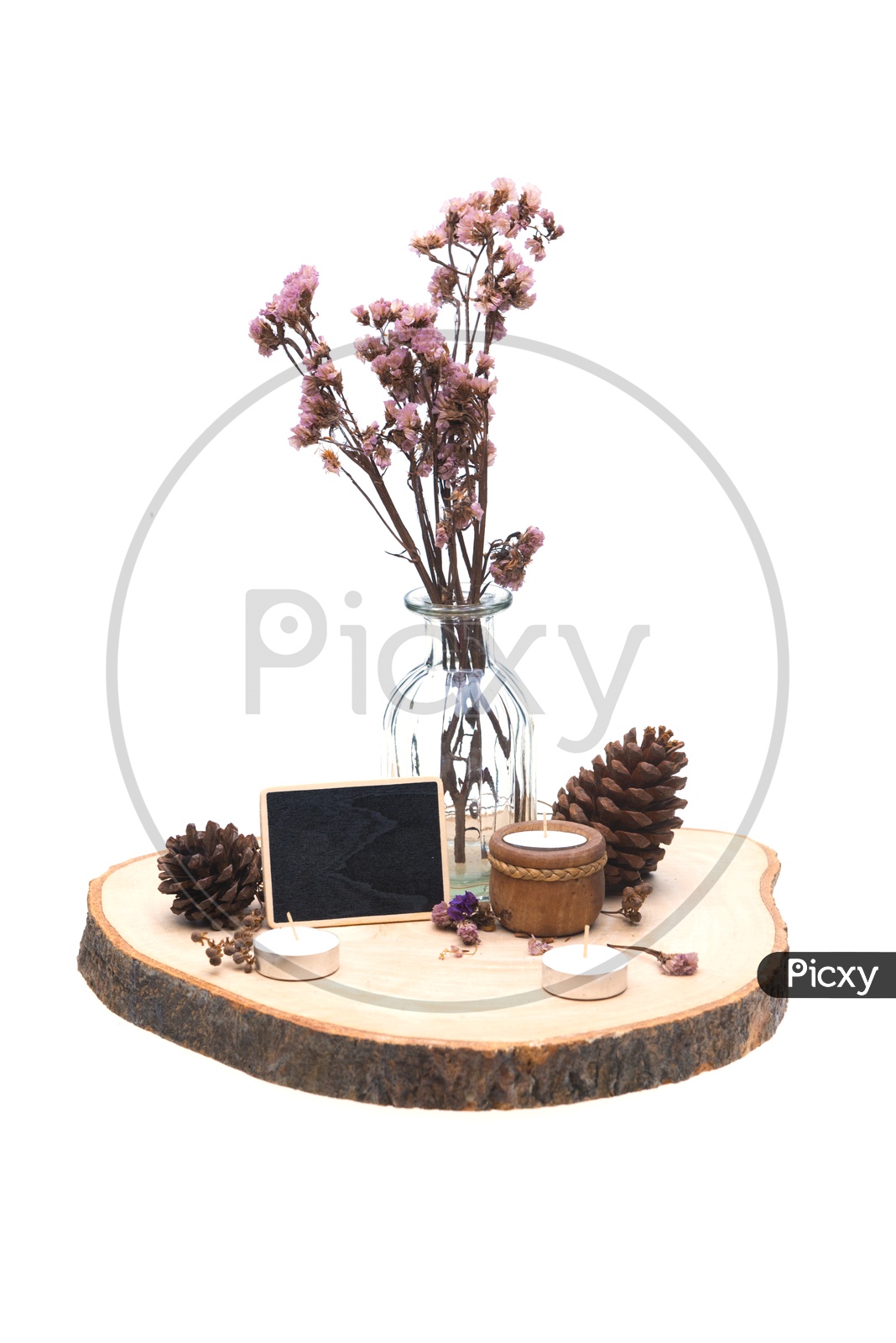 Artistic Background with Dried Vintage Pine Flowers on Wood  isolated on white background