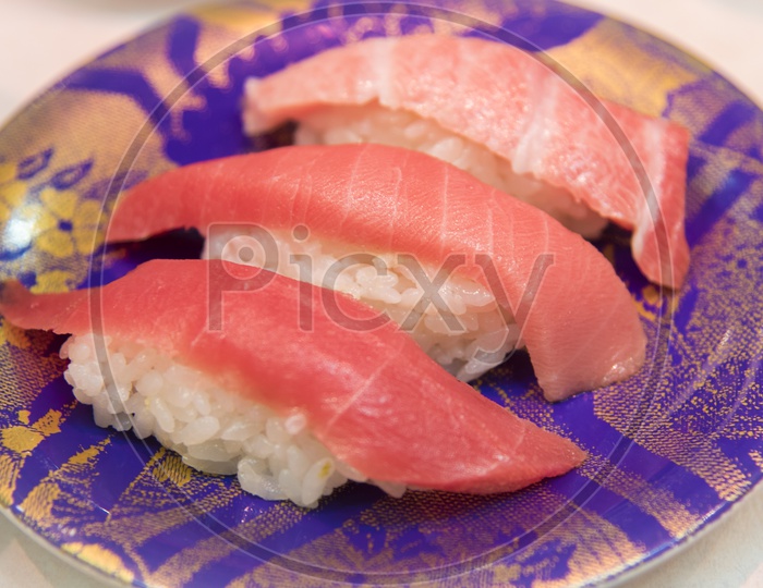 sashimi sushi  Dish Closeup With Rice And Fresh Raw Meat